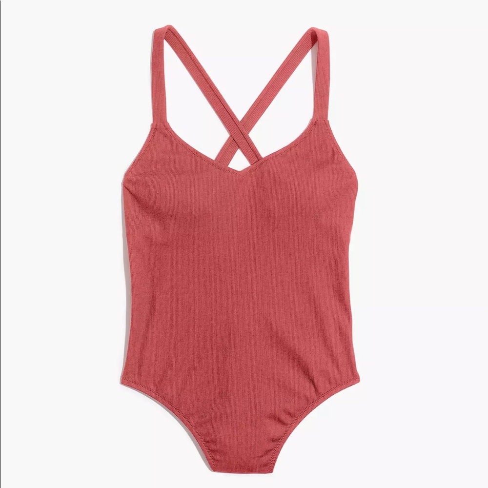 Madewell ribbed criss cross one piece swimsuit; coral pink. No padding
